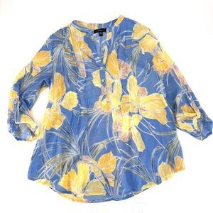 Cocomo‎ Gauzy Floral Pintuck Popover Blouse Top Blue Yellow Size Large Tropical